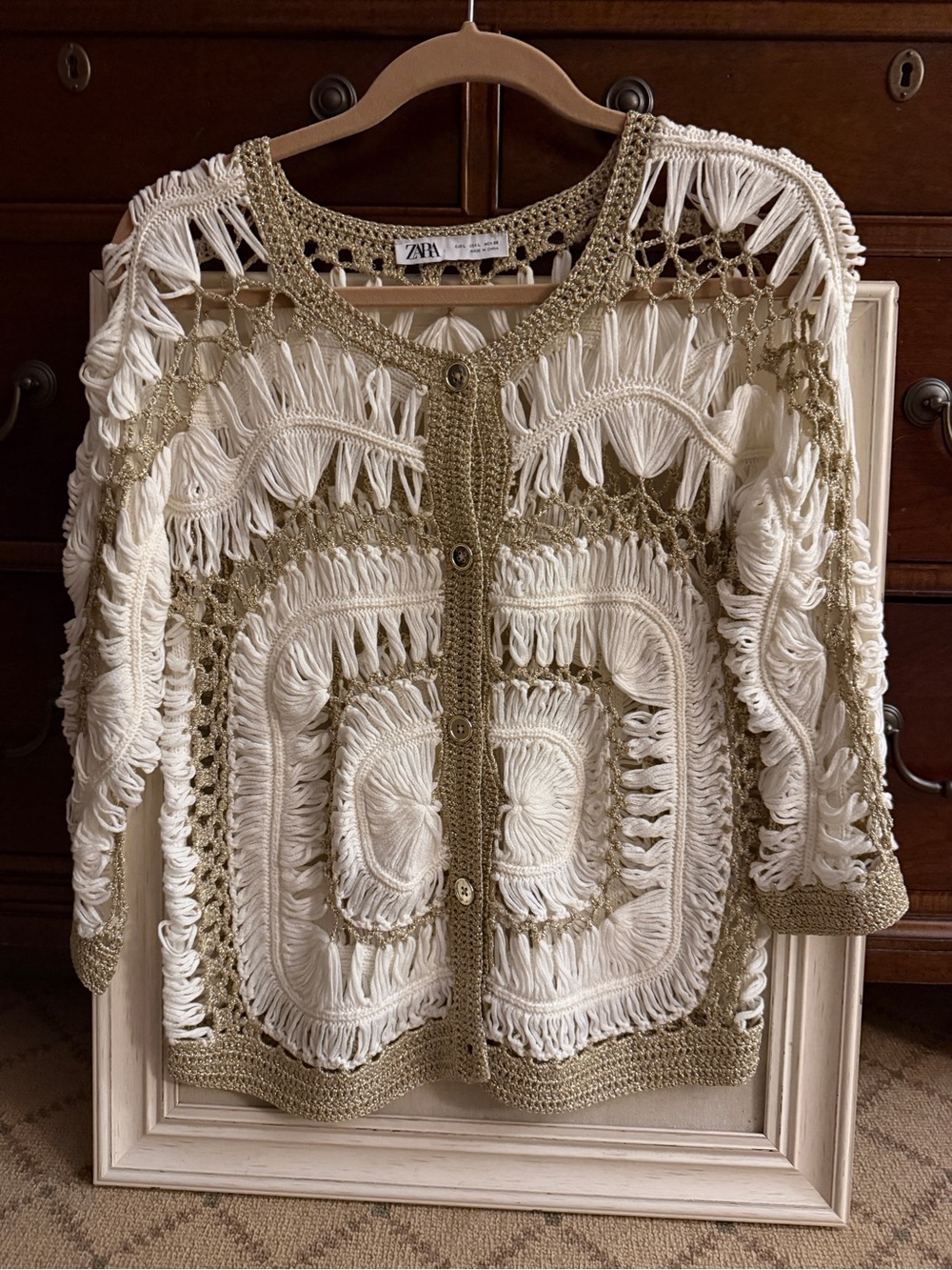 Zara Combination Crochet Jacket w metallic gold details NWOT L